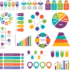Set of infographic elements and templates. Business infographic collection with charts, timelines, steps, and options for data visualization and presentation design. Vector illustration