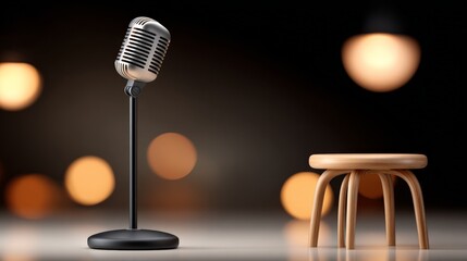 Vintage microphone on stand next to wooden stool with bokeh lights in background