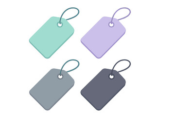 Four blank retail price tags or sale labels with strings in various pastel and neutral colors