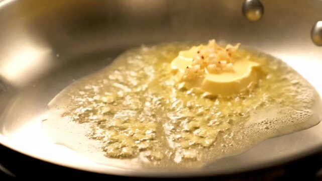 Butter melting in a hot pan with garlic and herbs. Cooking process in the kitchen. Culinary art motion footage.