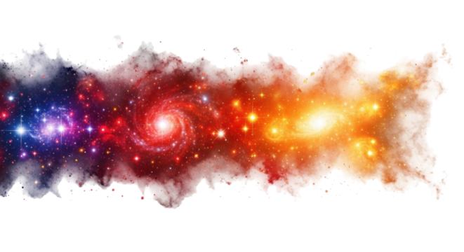 Isolated cosmos illustration showing colorful galaxies with clouds and stars in the universe