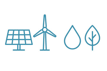 Solar panel, wind turbine, water drop, and leaf symbols for sustainable energy and nature
