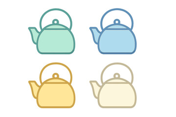 Colorful kitchen kettles and teapots for boiling water or brewing hot beverages
