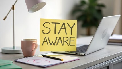 Motivational Workspace Setting with Sticky Note Reminder to Stay Aware