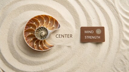 Nautilus Shell on Sand with Mind Strength and Center Message