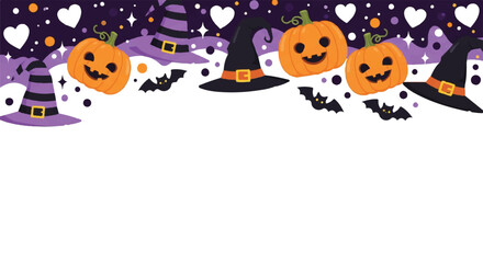 Halloween themed illustration featuring pumpkins, witch hats, bats, hearts, and stars against a purple background with white space below.