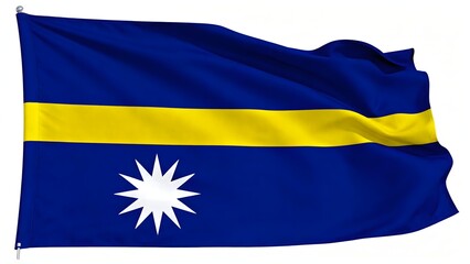 Photorealistic flag of Nauru. Blue background with a yellow horizontal stripe and a white 12-pointed star below the stripe near the hoist. Isolated on white background.