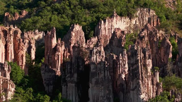 Stunning dolly right aerial shot of the los estoraques rock formations in colombia, a unique natural area