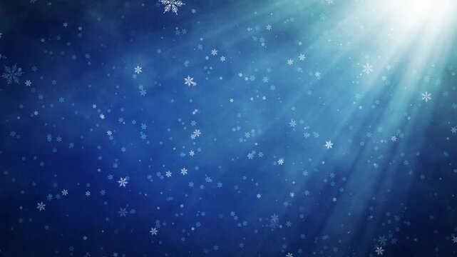 Falling snowflakes on blue gradient background with light rays, floating snow particles for winter xmas holiday seasonal video presentations and festive content loops