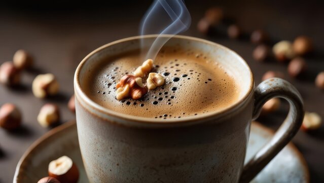 Warm aromatic coffee with walnuts and hazelnuts in a rustic mug.