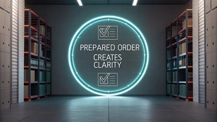 Neat Storage Space with Neon Sign Promoting Organization and Clarity