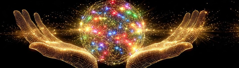 Stunning digital art of golden hands gently holding a vibrant glowing orb surrounded by shimme multicolored lights and sparkling particles