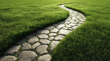 Obraz premium Winding stone pathway through lush green grass field in bright daylight with vibrant natural scenery and detailed textured stones