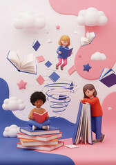 Children reading books and imagining worlds of fantasy