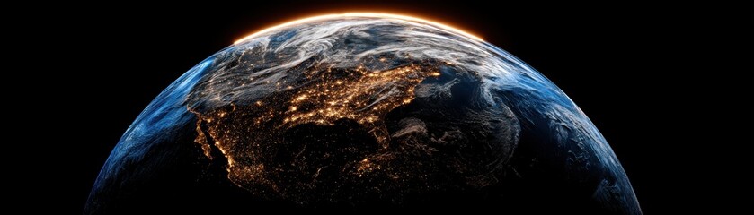 Stunning view of Earth from space showing illuminated continents and dark oceans at night with a detailed image of the planet's surface