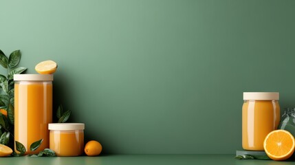 Assortment of Orange Juice Jars with Fresh Oranges and Green Leaves on Green Background, Healthy and Natural Beverage