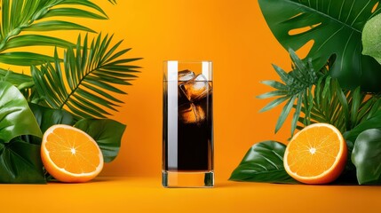 Tropical Cola Drink with Ice, Orange Slices, and Palm Leaves on Bright Orange Background, Refreshing Summer Beverage