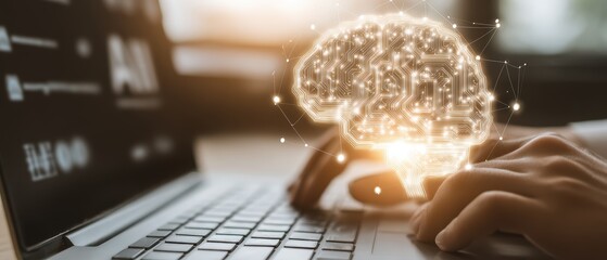 Innovative digital brain concept with glowing neural network connections emerging from a computer screen for artificial ligence technology representation