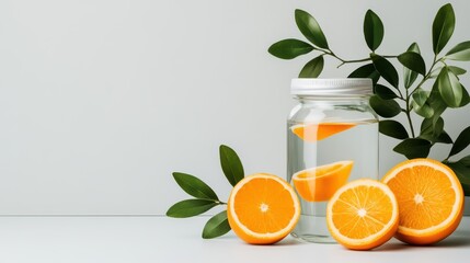 Infused Water with Orange Slices in Glass Jar with Fresh Oranges and Green Leaves on White Background, Healthy Detox Drink