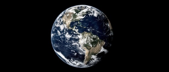 Highly detailed image of planet Earth from space showing continents oceans and atmosphere with realistic colors and lighting in a black background