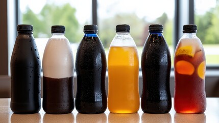 Assorted Cold Drinks in Bottles: Black, White, Orange, and Red Iced Beverages on a Table with a Blurred Background
