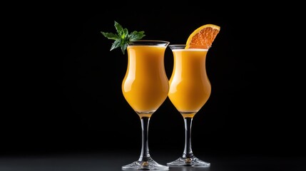 Two Elegant Orange Cocktails in Tall Glasses on Black Background, Sophisticated Drinks
