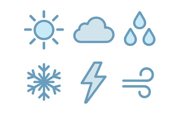 Set of simple weather forecast icons showing sun cloud rain snow lightning and wind