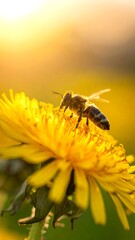 Bee on dandelion at sunrise