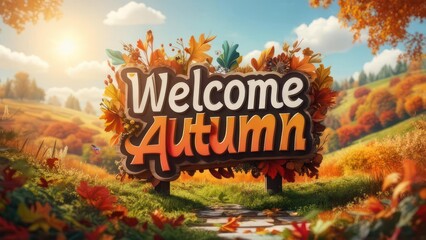 Welcome Autumn Sign Amidst Colorful Fall Foliage and Scenic Landscape.