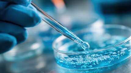 Close-up of scientist's hand using a pipette to transfer liquid into a petri dish filled with clear solution in a laboratory setting