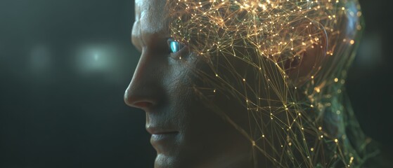 Close-up of a human face with futuristic digital network overlay and glowing connections representing artificial ligence and advanced technology