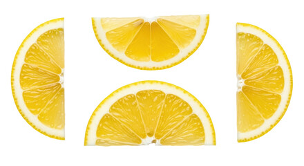 Isolated fruit lemon slices, yellow citrus wedges with white rims for summer drinks