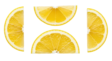 Isolated fruit lemon slices, yellow citrus wedges with white rims for summer drinks