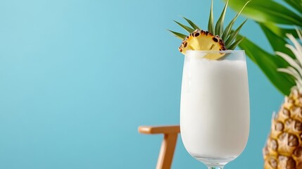 Refreshing Pi&ntilde;a Colada Cocktail with Pineapple Garnish on a Tropical Beach, Creamy Summer Drink for Vacation, Exotic Holiday Beverage with Blue Background