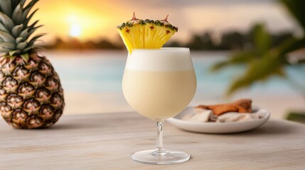 Refreshing Pi&ntilde;a Colada Cocktail with Pineapple Slice Garnish on a Tropical Beach at Sunset, Creamy Summer Drink for Vacation, Exotic Holiday Beverage