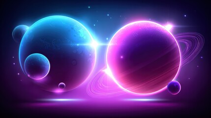 Colorful glowing planets floating in outer space with vibrant neon atmosphere and cosmic dust creating a surreal universe scene