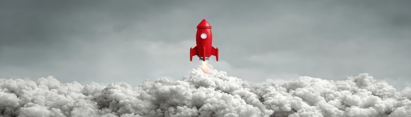 Bright red rocket launching into cloudy sky with smoke trail, symbolizing travel, adventure, innovation, and exploration in a dynamic setting