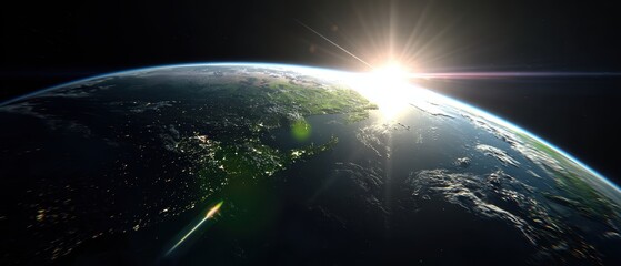 Stunning view of Earth planet from space with sunrise illuminating the horizon and city lights visible in the darkness of night