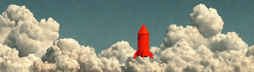 Tall red rocket launch ascending through fluffy white clouds into blue sky du daytime with dramatic lighting and detailed clouds in background