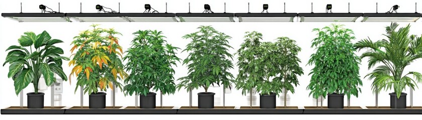 Assorted healthy lush green indoor potted plants with diverse foliage and sizes arranged in a row on a shelf for home decor and gardening
