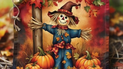 Obraz premium Whimsical Scarecrow with Pumpkins and Autumn Leaves.
