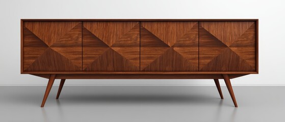 Elegant Mid-Century Modern Wooden Sideboard with Diagonal Patterned Cabinet Doors and Sleek Tapered Legs for Modern Interior Decor