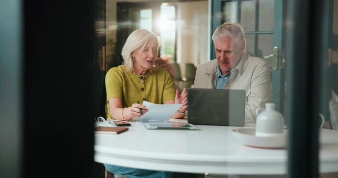 Finance, laptop or senior couple with documents in home for planning bills, banking update or taxes. Retirement, tech or old people with discussion for financial statement or problem solving expenses