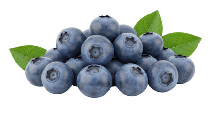 Isolated Heap of antioxidant-rich fresh blueberries with green leaves, healthy ingredients