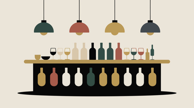 Stylized bar scene with bottles and glasses under hanging lamps in a flat vector illustration style