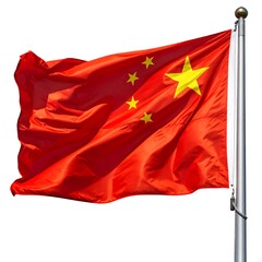 A red flag with five yellow stars is waving high, attached to a silver flagpole. The sky is bright white in the background