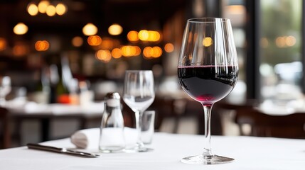 Elegant Glass of Red Wine on a White Tablecloth in a Restaurant Setting with Blurred Background