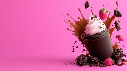 Whimsical Dessert Explosion: Chocolate Splash with Whipped Cream, Strawberries, and Chocolate Pieces Against a Vibrant Pink Background, Sweet Treat Concept
