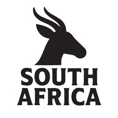 Bold black silhouette illustration of a springbok above South Africa text, symbolizing wildlife, culture and pride. Perfect for logos, posters, prints and patriotic branding projects.