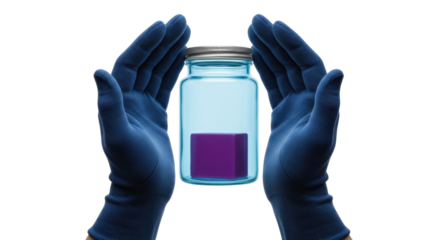 Isolated hands in medical gloves hold a glass jar with a purple cube inside, safe handling